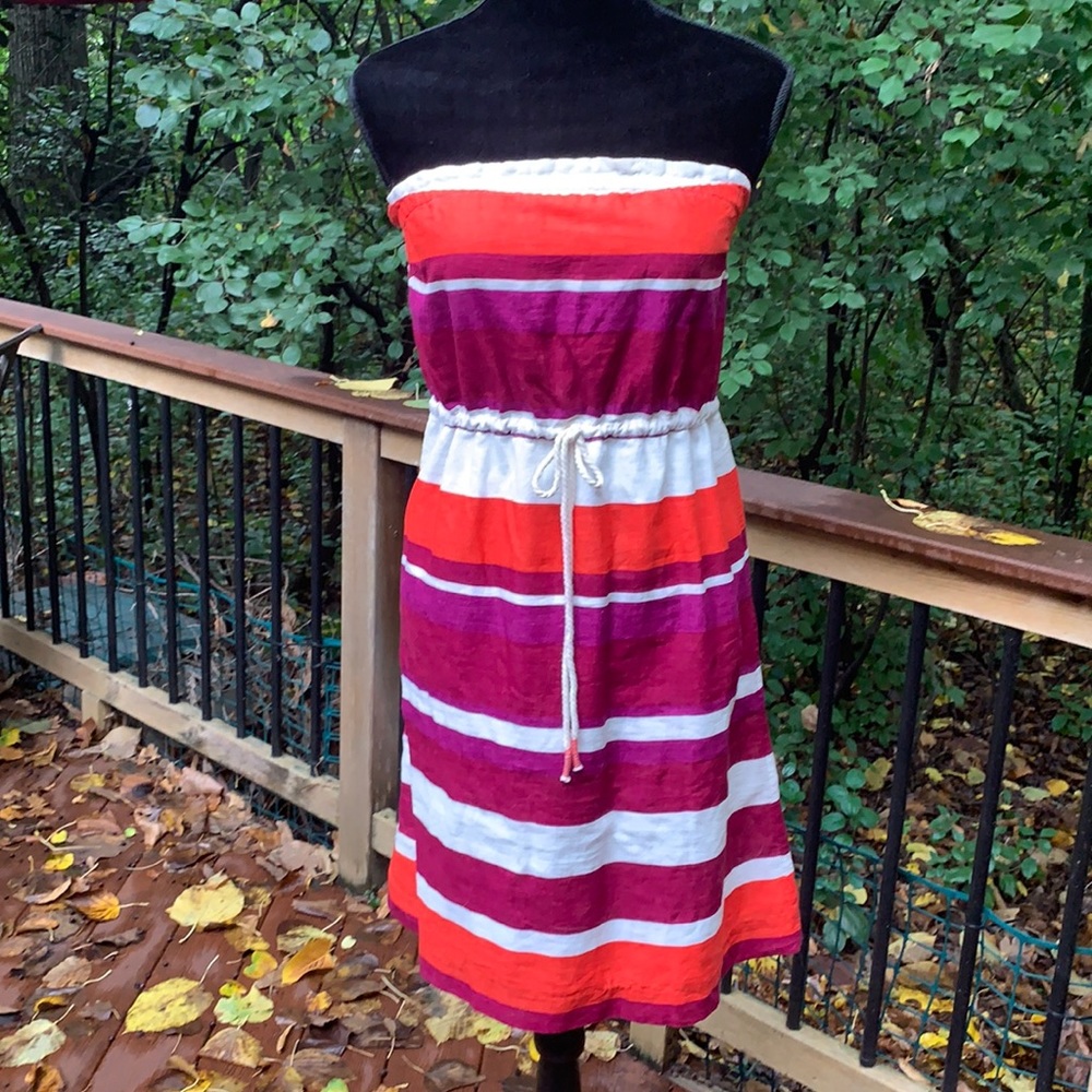 Gap Strapless Cotton Linen Blend Striped Sundress